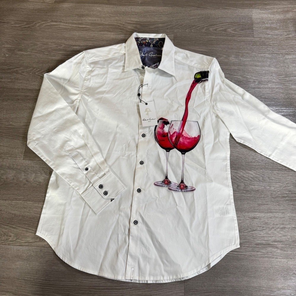 Robert Graham Mens White Wine Pour Graphic Button Down Shirt Long Sleeve Cotton
